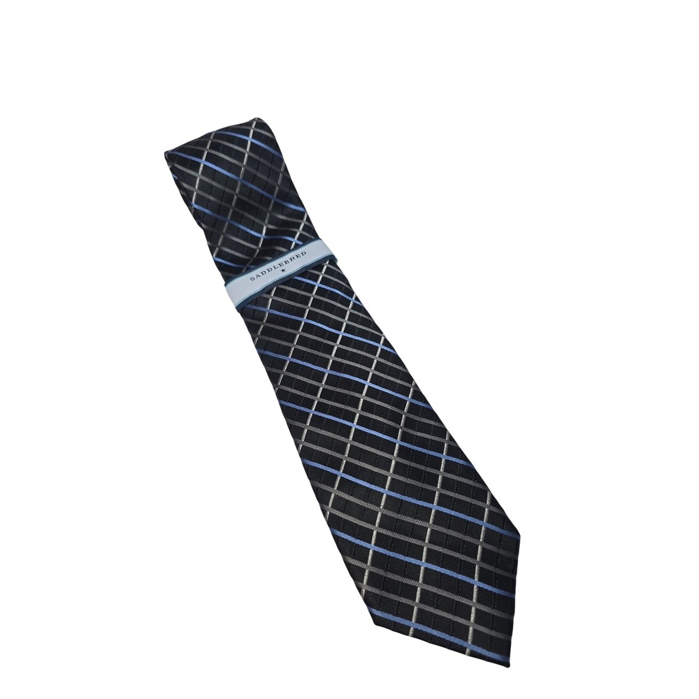Saddlebred NWT M's Silk Necktie BlackBlueSilverPlaid GridStripedStain Resistant